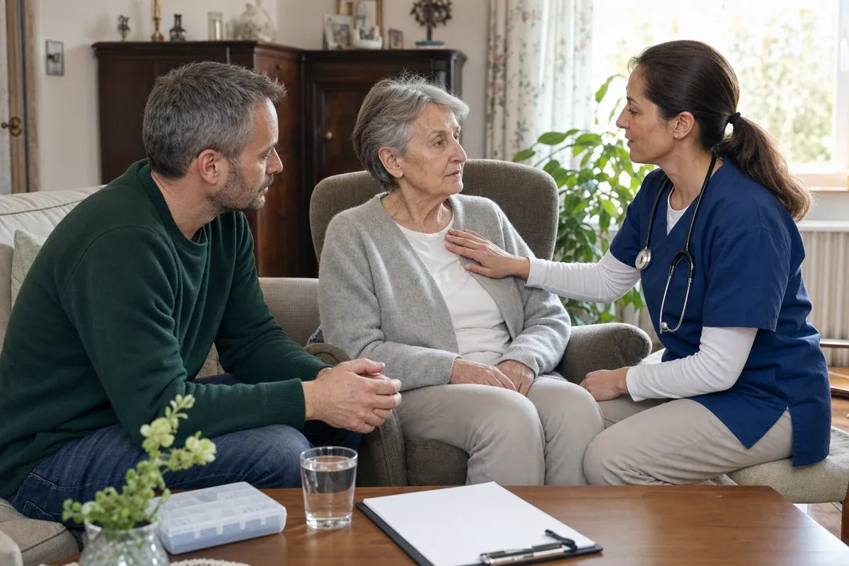 Palliativversorgung zu Hause – Voraussetzungen „Palliativversorgung zu Hause – Voraussetzungen“: Eine Angehörige und eine pflegebedürftige Person prüfen gemeinsam Pflegeunterlagen an einem Tisch.