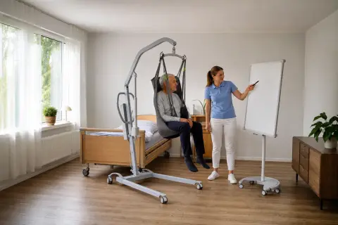 „Patientenlifter – Fristen“: Eine Angehörige und eine pflegebedürftige Person prüfen gemeinsam Pflegeunterlagen an einem Tisch.