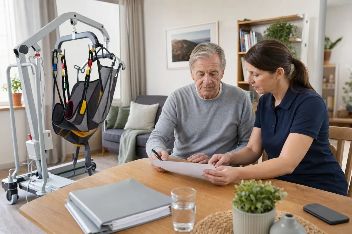 „Patientenlifter – Voraussetzungen“: Eine Angehörige und eine pflegebedürftige Person prüfen gemeinsam Pflegeunterlagen an einem Tisch.