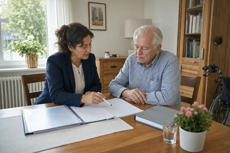 Patientenverfügung im Pflegealltag – Voraussetzungen „Patientenverfügung im Pflegealltag – Voraussetzungen“: Eine Angehörige bespricht mit einer älteren Person wichtige Unterlagen und Entscheidungen für den Pflegealltag.