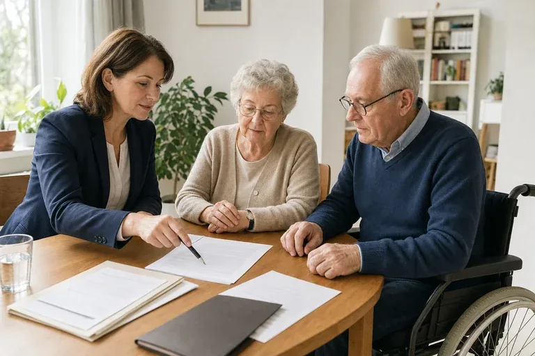 „Patientenverfügung im Pflegealltag – Antrag“: Eine Angehörige bespricht mit einer älteren Person wichtige Unterlagen und Entscheidungen für den Pflegealltag.