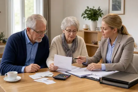 Patientenverfügung im Pflegealltag – Kosten „Patientenverfügung im Pflegealltag – Kosten“: Eine Angehörige bespricht mit einer älteren Person wichtige Unterlagen und Entscheidungen für den Pflegealltag.