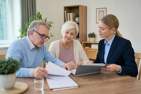Patientenverfügung im Pflegealltag – Unterlagen „Patientenverfügung im Pflegealltag – Unterlagen“: Eine Angehörige bespricht mit einer älteren Person wichtige Unterlagen und Entscheidungen für den Pflegealltag.