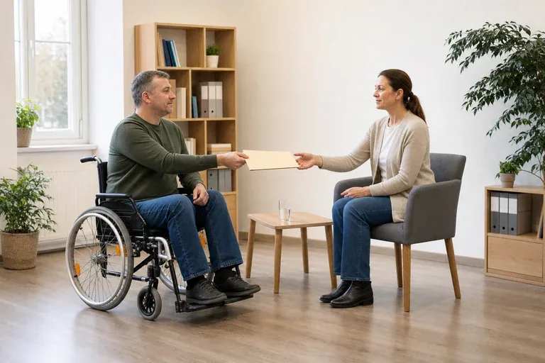Persönliches Budget – Antrag „Persönliches Budget – Antrag“: Eine Angehörige und eine pflegebedürftige Person prüfen gemeinsam Pflegeunterlagen an einem Tisch.