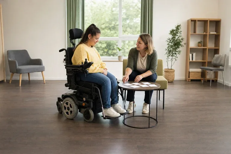 „Persönliches Budget für Menschen mit Behinderung“: Angehörige und eine pflegebedürftige Person besprechen gemeinsam die Organisation des Pflegealltags.