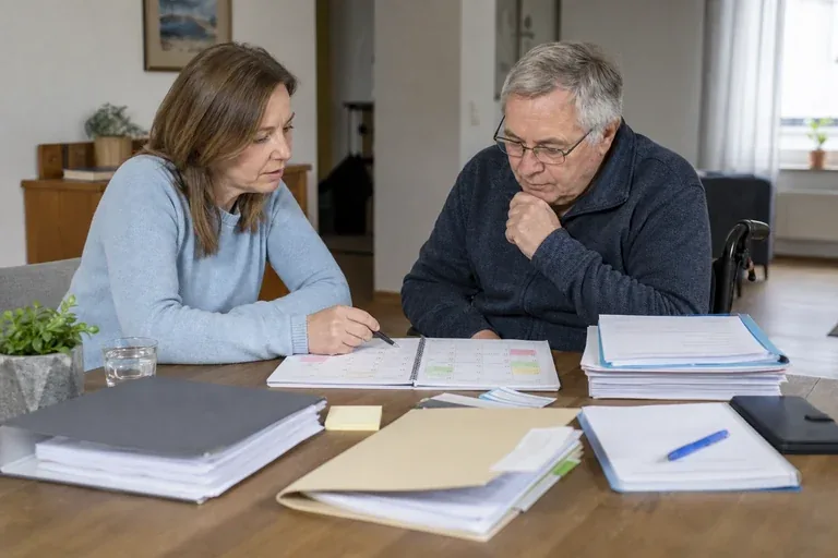 „Persönliches Budget – Fristen“: Eine Angehörige und eine pflegebedürftige Person prüfen gemeinsam Pflegeunterlagen an einem Tisch.