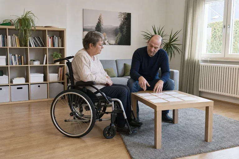 „Persönliches Budget – Kosten“: Eine Angehörige und eine pflegebedürftige Person prüfen gemeinsam Pflegeunterlagen an einem Tisch.