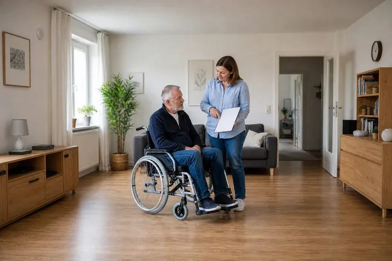 Persönliches Budget – Voraussetzungen „Persönliches Budget – Voraussetzungen“: Eine Angehörige und eine pflegebedürftige Person prüfen gemeinsam Pflegeunterlagen an einem Tisch.