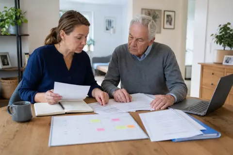 Arbeitszeit wegen Pflege reduzieren – Fristen „Arbeitszeit wegen Pflege reduzieren – Fristen“: Eine Angehörige und eine pflegebedürftige Person prüfen gemeinsam Pflegeunterlagen an einem Tisch.