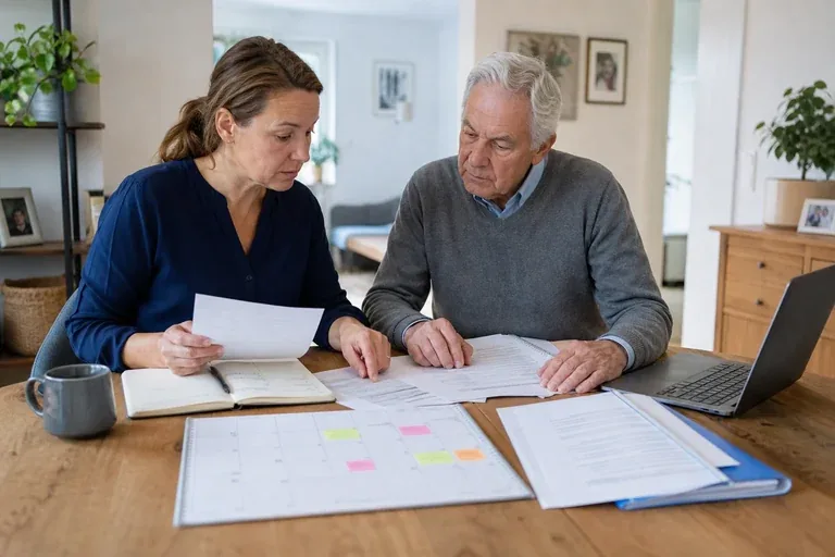Arbeitszeit wegen Pflege reduzieren – Fristen „Arbeitszeit wegen Pflege reduzieren – Fristen“: Eine Angehörige und eine pflegebedürftige Person prüfen gemeinsam Pflegeunterlagen an einem Tisch.