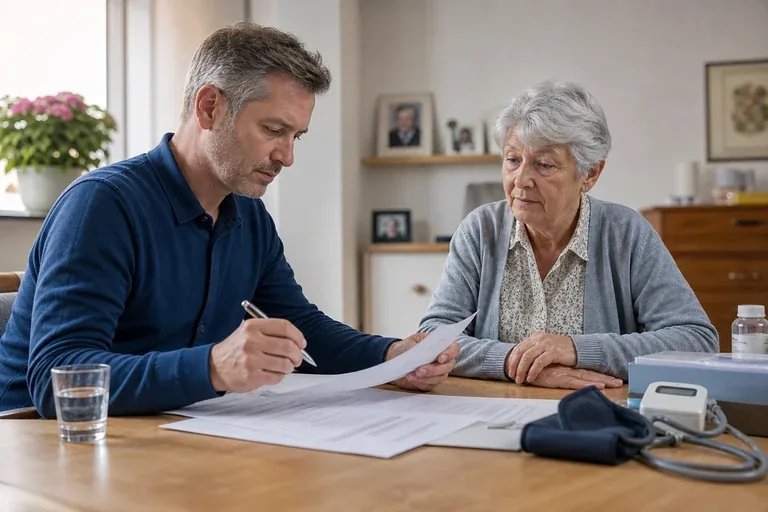 Pflege-Pauschbetrag bei der Steuer – Voraussetzungen „Pflege-Pauschbetrag bei der Steuer – Voraussetzungen“: Eine pflegende Angehörige prüft Unterlagen zur Vereinbarkeit von Beruf, Absicherung und Pflege.