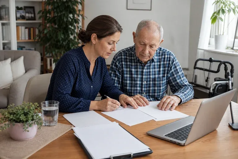 „Pflege und Homeoffice – Antrag“: Eine Angehörige und eine pflegebedürftige Person prüfen gemeinsam Pflegeunterlagen an einem Tisch.