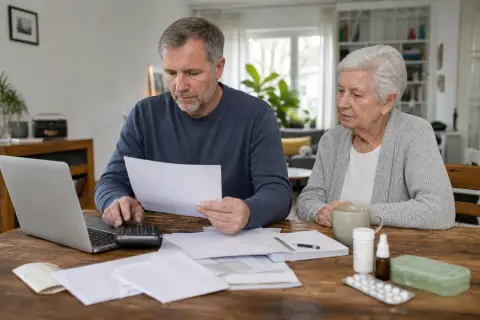 Pflege und Homeoffice – Kosten „Pflege und Homeoffice – Kosten“: Eine Angehörige und eine pflegebedürftige Person prüfen gemeinsam Pflegeunterlagen an einem Tisch.