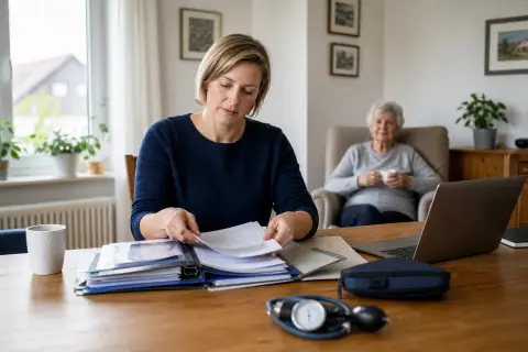 Pflege und Homeoffice – Unterlagen „Pflege und Homeoffice – Unterlagen“: Eine Angehörige und eine pflegebedürftige Person prüfen gemeinsam Pflegeunterlagen an einem Tisch.