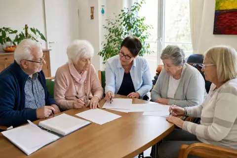 „Pflege-WG als Alternative – Antrag“: Angehörige und eine ältere Person vergleichen Unterlagen zur stationären Pflege und deren Finanzierung.