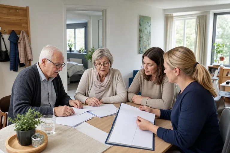 Pflege-WG als Alternative – Unterlagen „Pflege-WG als Alternative – Unterlagen“: Angehörige und eine ältere Person vergleichen Unterlagen zur stationären Pflege und deren Finanzierung.