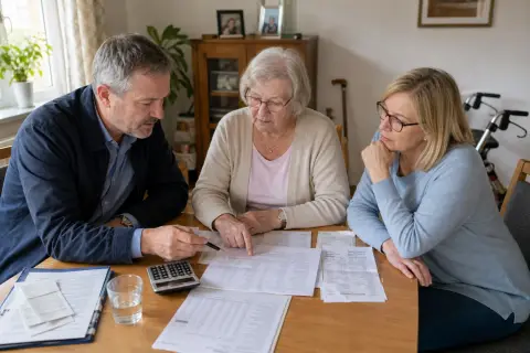 „Pflegebegutachtung beim Hausbesuch – Kosten“: Eine Angehörige und eine pflegebedürftige Person prüfen gemeinsam Pflegeunterlagen an einem Tisch.