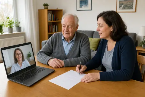 „Pflegebegutachtung per Videotelefonie – Antrag“: Eine Angehörige und eine pflegebedürftige Person prüfen gemeinsam Pflegeunterlagen an einem Tisch.