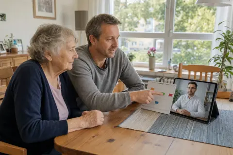 „Pflegebegutachtung per Videotelefonie – Fristen“: Eine Angehörige und eine pflegebedürftige Person prüfen gemeinsam Pflegeunterlagen an einem Tisch.
