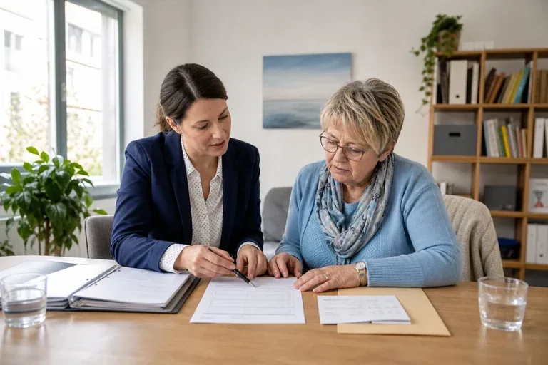 Pflegeberatung – Antrag „Pflegeberatung – Antrag“: Eine Angehörige und eine pflegebedürftige Person prüfen gemeinsam Pflegeunterlagen an einem Tisch.