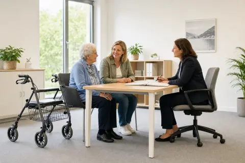 Pflegeberatung und Pflegestützpunkt kostenlos nutzen „Pflegeberatung und Pflegestützpunkt kostenlos nutzen“: Angehörige und eine pflegebedürftige Person besprechen gemeinsam die Organisation des Pflegealltags.