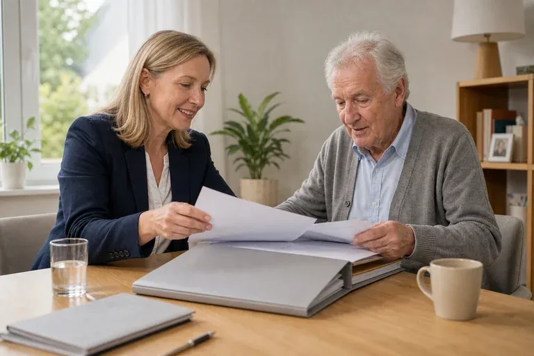 Pflegeberatung – Unterlagen „Pflegeberatung – Unterlagen“: Eine Angehörige und eine pflegebedürftige Person prüfen gemeinsam Pflegeunterlagen an einem Tisch.