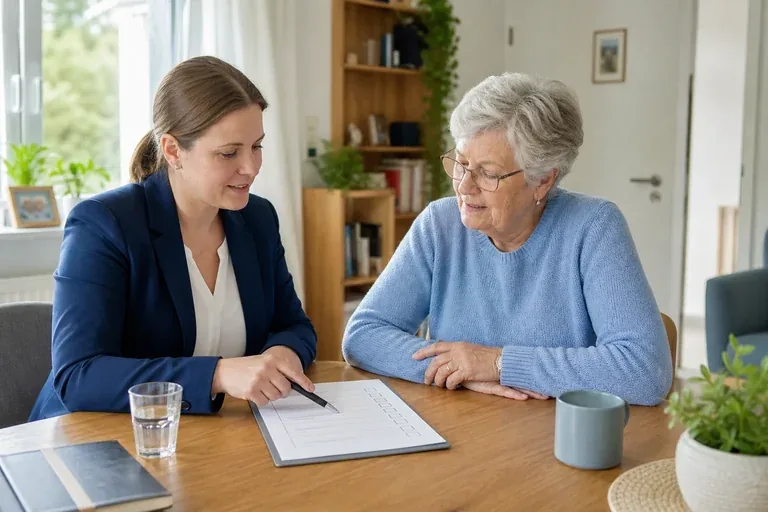 „Pflegeberatung – Voraussetzungen“: Eine Angehörige und eine pflegebedürftige Person prüfen gemeinsam Pflegeunterlagen an einem Tisch.