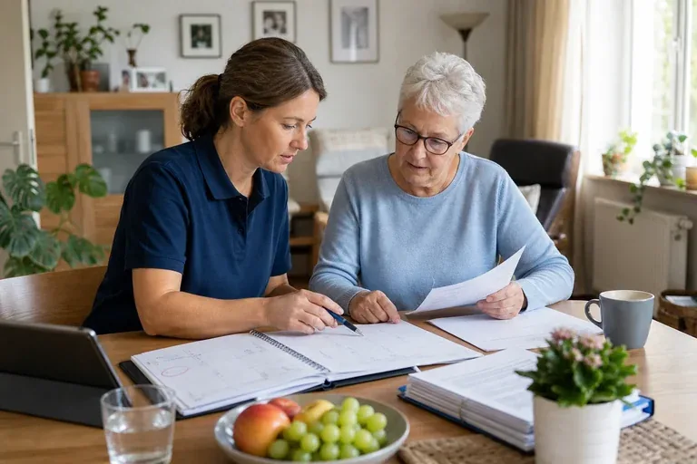 Individuelle Schulung zu Hause – Fristen „Individuelle Schulung zu Hause – Fristen“: Eine Angehörige und eine pflegebedürftige Person prüfen gemeinsam Pflegeunterlagen an einem Tisch.