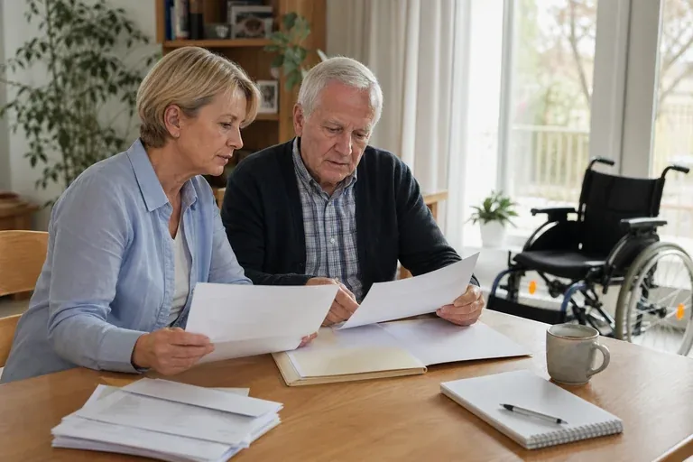 Pflegegrad-Bescheid prüfen – Unterlagen „Pflegegrad-Bescheid prüfen – Unterlagen“: Eine Angehörige und eine pflegebedürftige Person prüfen gemeinsam Pflegeunterlagen an einem Tisch.
