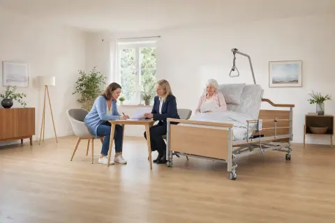Pflegebett – Antrag „Pflegebett – Antrag“: Eine Pflegefachperson zeigt einer pflegebedürftigen Person ein Hilfsmittel für sichere Pflege und Lagerung.