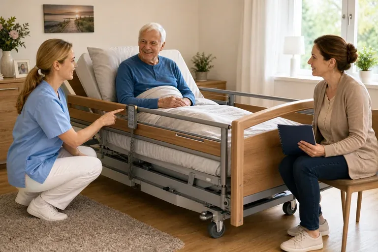 Pflegebett – Fristen „Pflegebett – Fristen“: Eine Pflegefachperson zeigt einer pflegebedürftigen Person ein Hilfsmittel für sichere Pflege und Lagerung.