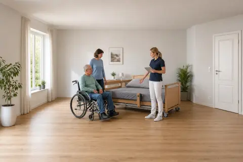 Pflegebett – Voraussetzungen „Pflegebett – Voraussetzungen“: Eine Pflegefachperson zeigt einer pflegebedürftigen Person ein Hilfsmittel für sichere Pflege und Lagerung.