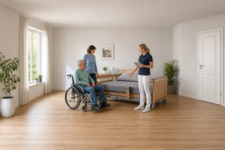 Pflegebett – Voraussetzungen „Pflegebett – Voraussetzungen“: Eine Pflegefachperson zeigt einer pflegebedürftigen Person ein Hilfsmittel für sichere Pflege und Lagerung.