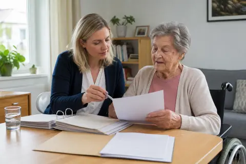 Pflegedokumentation zu Hause – Antrag „Pflegedokumentation zu Hause – Antrag“: Eine Angehörige und eine pflegebedürftige Person prüfen gemeinsam Pflegeunterlagen an einem Tisch.