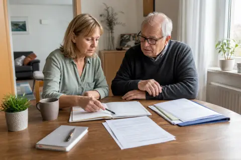 Pflegedokumentation zu Hause – Fristen „Pflegedokumentation zu Hause – Fristen“: Eine Angehörige und eine pflegebedürftige Person prüfen gemeinsam Pflegeunterlagen an einem Tisch.