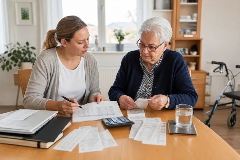 Pflegedokumentation zu Hause – Kosten „Pflegedokumentation zu Hause – Kosten“: Eine Angehörige und eine pflegebedürftige Person prüfen gemeinsam Pflegeunterlagen an einem Tisch.