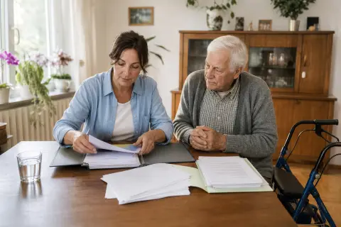 Pflegedokumentation zu Hause – Unterlagen „Pflegedokumentation zu Hause – Unterlagen“: Eine Angehörige und eine pflegebedürftige Person prüfen gemeinsam Pflegeunterlagen an einem Tisch.