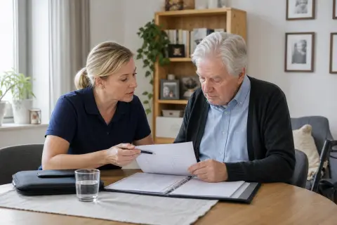 Pflegedokumentation zu Hause – Voraussetzungen „Pflegedokumentation zu Hause – Voraussetzungen“: Eine Angehörige und eine pflegebedürftige Person prüfen gemeinsam Pflegeunterlagen an einem Tisch.