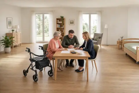 „Pflegegeld – Kosten“: Eine Angehörige und eine pflegebedürftige Person prüfen gemeinsam Pflegeunterlagen an einem Tisch.