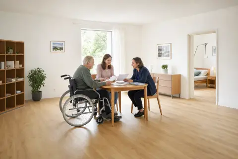 „Pflegegeld – Unterlagen“: Eine Angehörige und eine pflegebedürftige Person prüfen gemeinsam Pflegeunterlagen an einem Tisch.