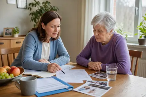 „Pflegegrad bei Demenz richtig vorbereiten“: Eine Angehörige bespricht mit einer älteren Person wichtige Unterlagen und Entscheidungen für den Pflegealltag.