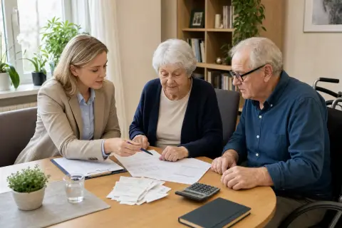 Pflegegrad bei Demenz – Kosten „Pflegegrad bei Demenz – Kosten“: Eine Angehörige bespricht mit einer älteren Person wichtige Unterlagen und Entscheidungen für den Pflegealltag.