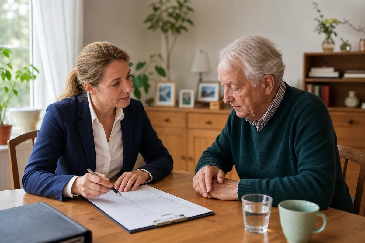 „Pflegegrad bei Demenz – Voraussetzungen“: Eine Angehörige bespricht mit einer älteren Person wichtige Unterlagen und Entscheidungen für den Pflegealltag.