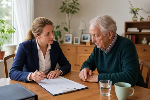 Pflegegrad bei Demenz – Voraussetzungen „Pflegegrad bei Demenz – Voraussetzungen“: Eine Angehörige bespricht mit einer älteren Person wichtige Unterlagen und Entscheidungen für den Pflegealltag.