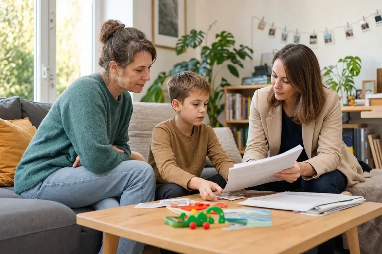 Pflegegrad bei Kindern – Antrag „Pflegegrad bei Kindern – Antrag“: Eltern und eine Fachberaterin besprechen zu Hause die Unterstützung eines pflegebedürftigen Kindes.