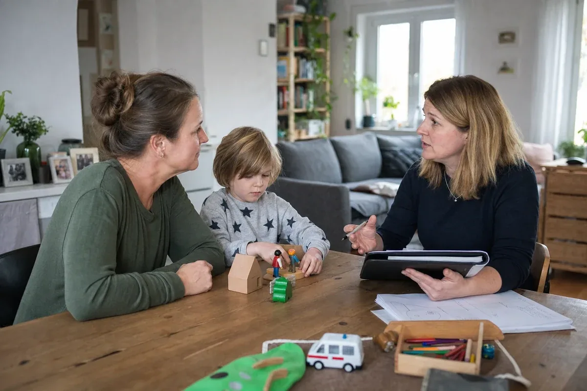 „Pflegegrad bei Kindern – Voraussetzungen“: Eltern und eine Fachberaterin besprechen zu Hause die Unterstützung eines pflegebedürftigen Kindes.