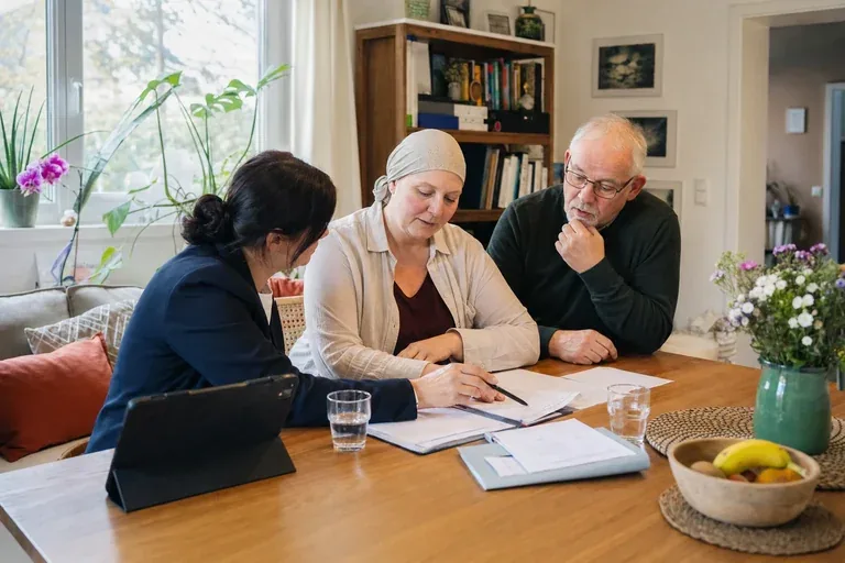 „Pflegegrad bei einer Krebserkrankung – Antrag“: Eine Angehörige und eine pflegebedürftige Person prüfen gemeinsam Pflegeunterlagen an einem Tisch.