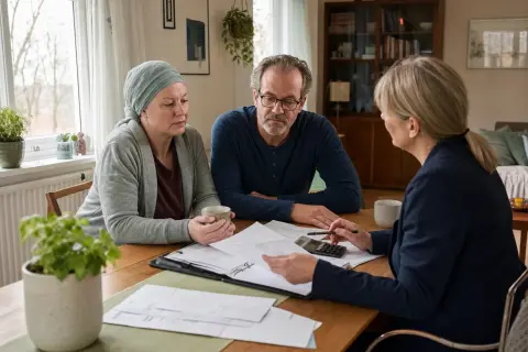Pflegegrad bei einer Krebserkrankung – Kosten „Pflegegrad bei einer Krebserkrankung – Kosten“: Eine Angehörige und eine pflegebedürftige Person prüfen gemeinsam Pflegeunterlagen an einem Tisch.