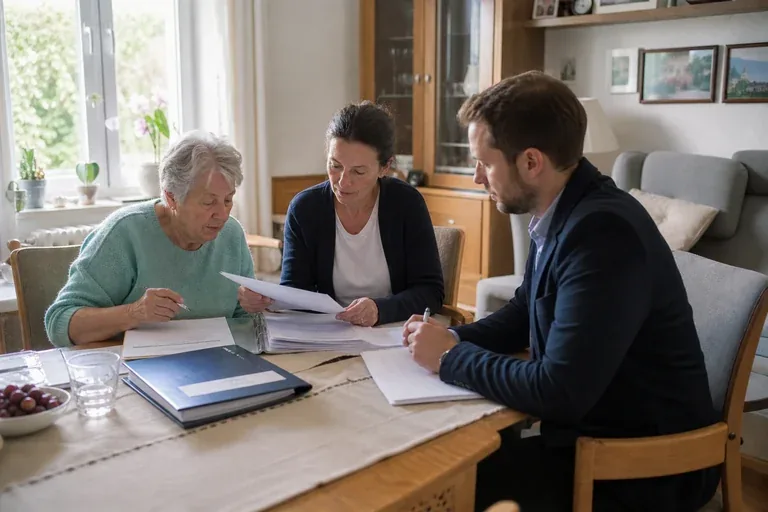 „Pflegegrad-Erstantrag – Unterlagen“: Eine Angehörige und eine pflegebedürftige Person prüfen gemeinsam Pflegeunterlagen an einem Tisch.