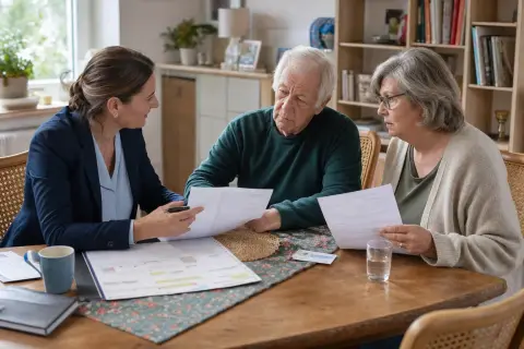 Pflegegrad-Höherstufung – Fristen „Pflegegrad-Höherstufung – Fristen“: Eine Angehörige und eine pflegebedürftige Person prüfen gemeinsam Pflegeunterlagen an einem Tisch.